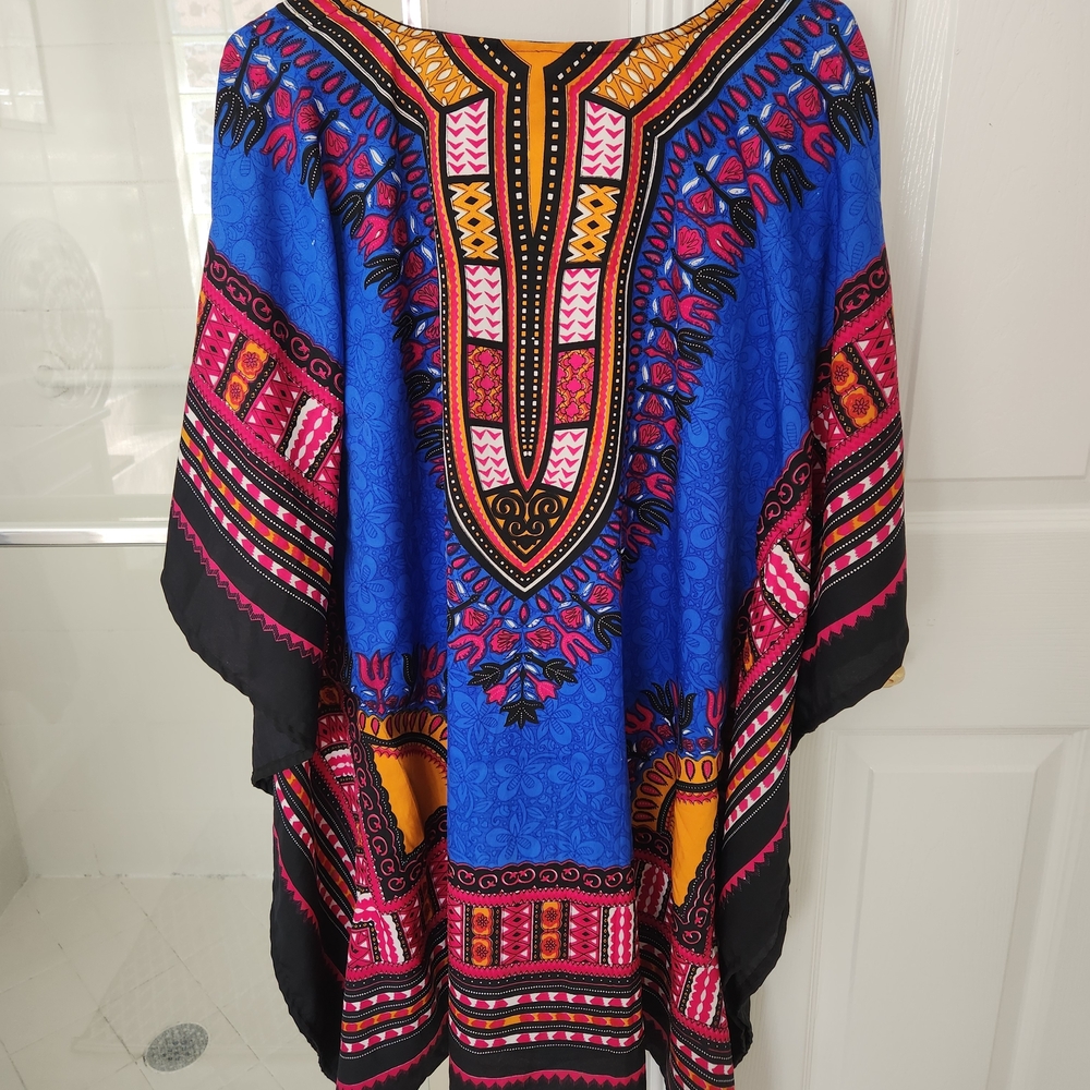 FINAL REDUCTION Blue Ethnic-Print Tunic Top with Pink & Orange Accents